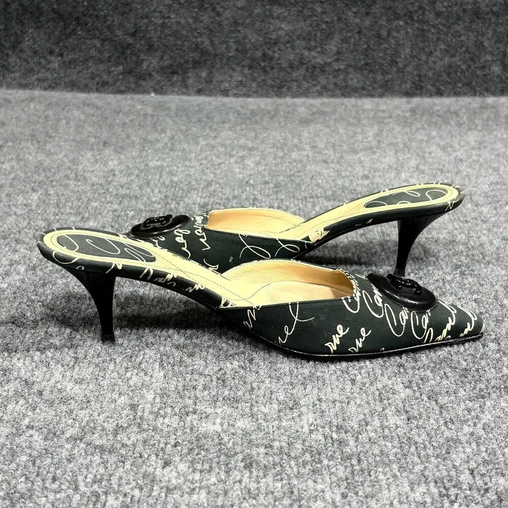 Vintage Chanel Shoes Womens 6 EU 36 Black Cruise Script Print Kitten Heel Mules